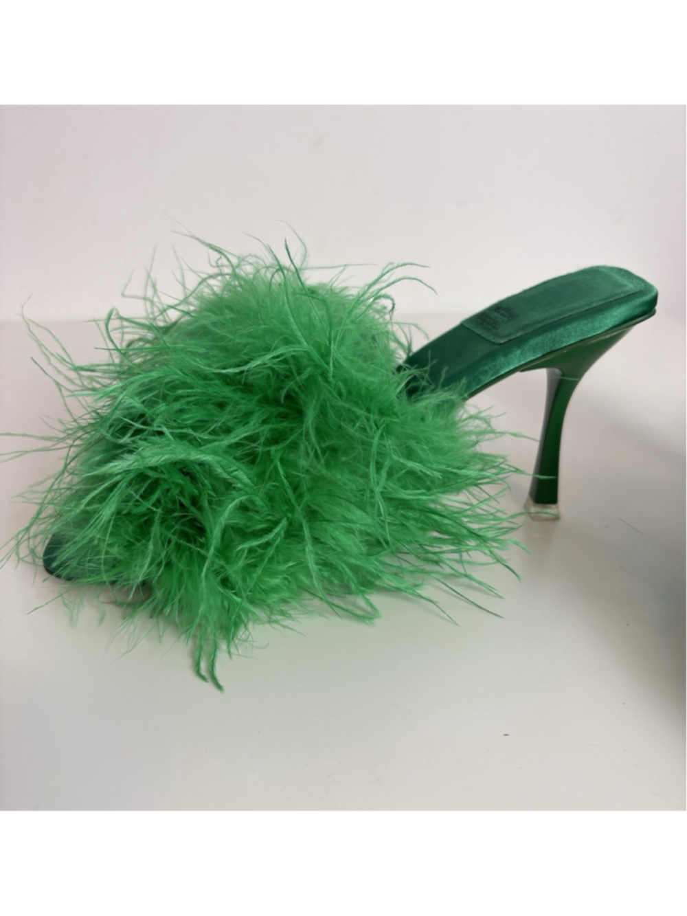 Jeffrey Campbell Chauffeur Feather Mule Heels Green Slide Ostrich Turkey 7.5